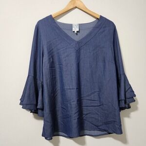 Naif Blue Tiered Bell Sleeve V-Neck Chambray Blouse Top Womens Large L